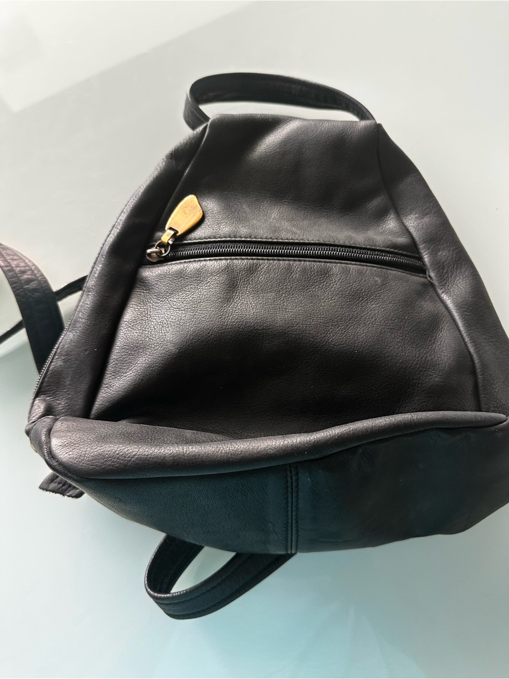 Tignanello Black Leather Backpack with Gold Zip Pull